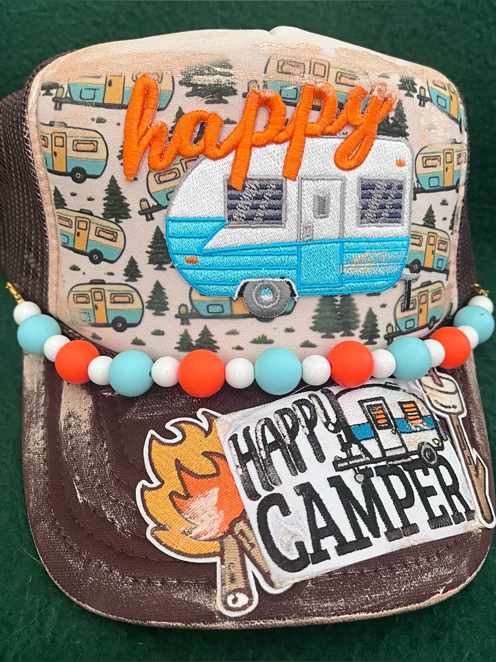 Happy Camper Embroidered Patches Painted Beads Snap Back Hat NEW